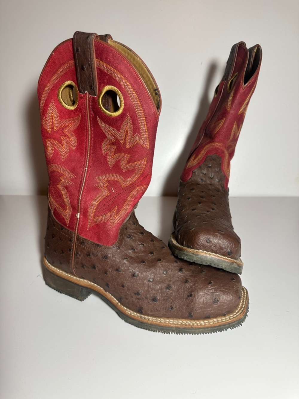 Brown Ostrich Leather Steel toe Western Boots with Red Stitch-Detail Shaft